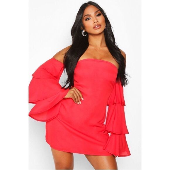 NWT~ Gorgeous Boohoo Red Off Shoulder Ruffle Mini Dress Sz 10 - Picture 2 of 4